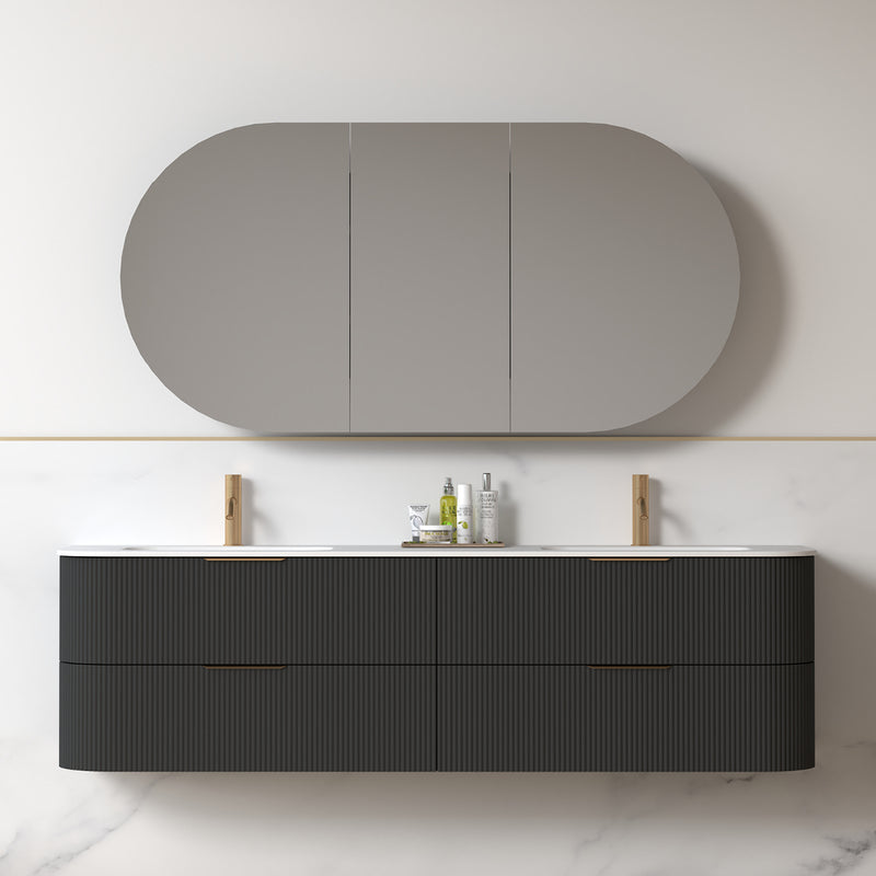 Lunara 1800 Curved Matte Black Fluted Wall Hung Vanity