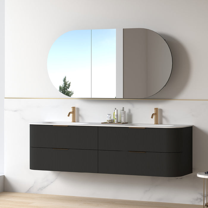 Lunara 1800 Curved Matte Black Fluted Wall Hung Vanity