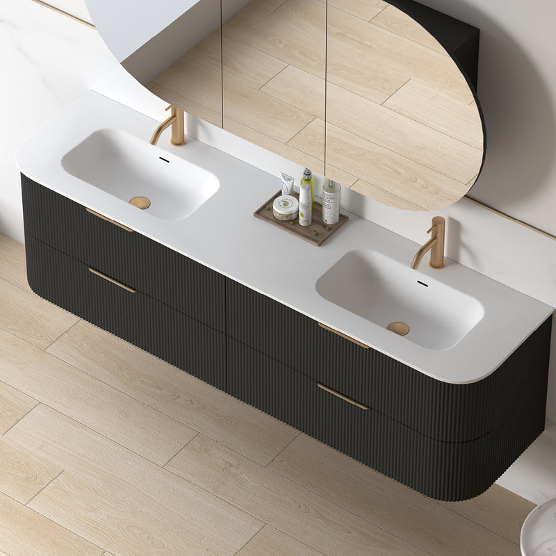 Lunara 1800 Curved Matte Black Fluted Wall Hung Vanity
