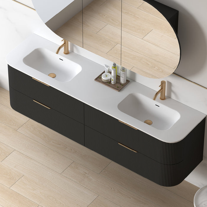 Lunara 1800 Curved Matte Black Fluted Wall Hung Vanity