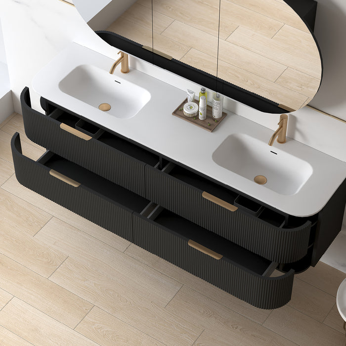 Lunara 1800 Curved Matte Black Fluted Wall Hung Vanity