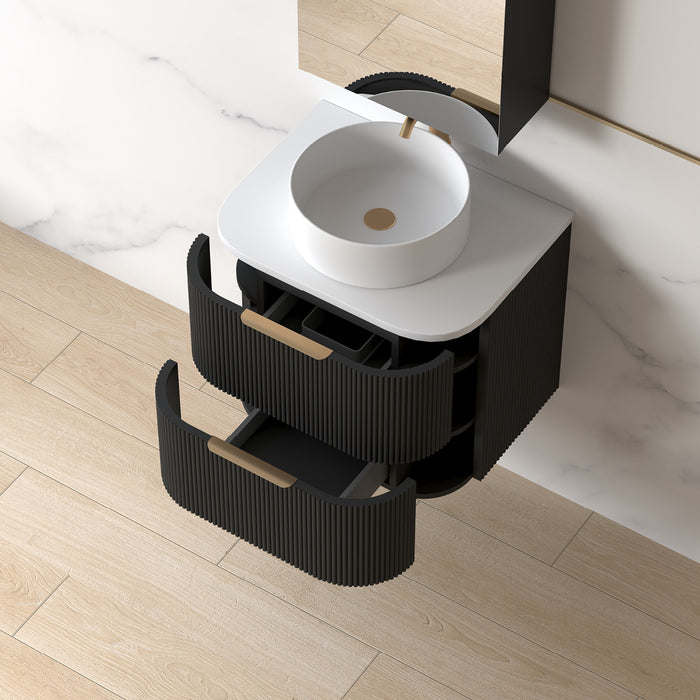 Lunara 600 Curved Matte Black Fluted Wall Hung Vanity