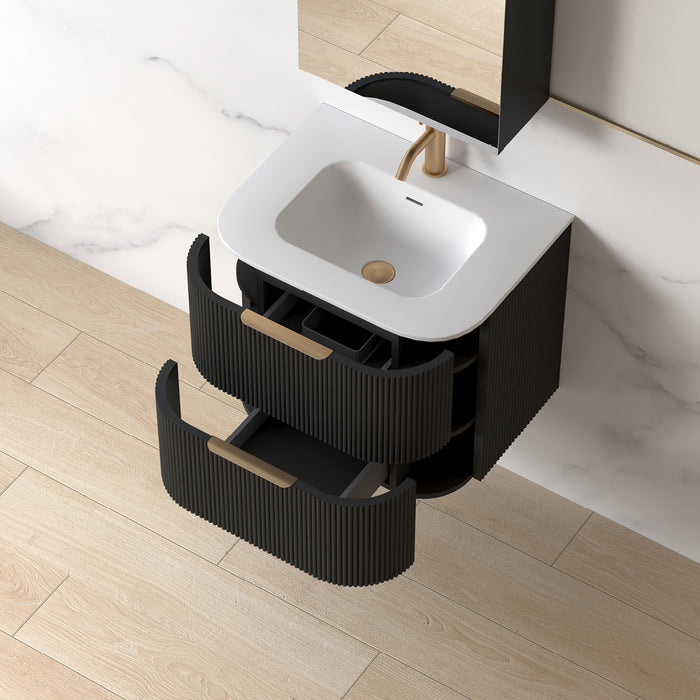 Lunara 600 Curved Matte Black Fluted Wall Hung Vanity