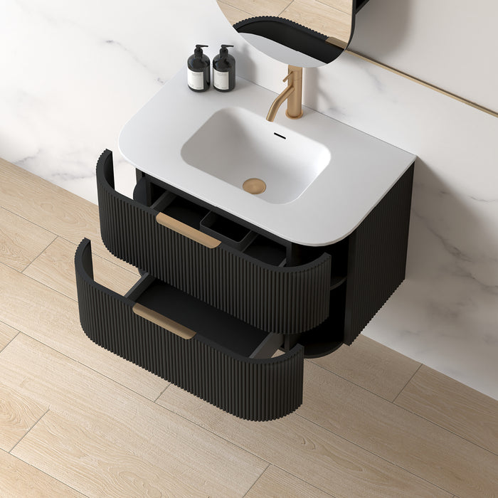 Lunara 750 Curved Matte Black Fluted Wall Hung Vanity