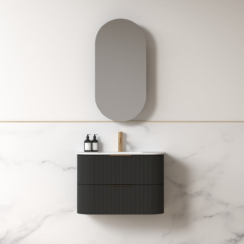 Lunara 750 Curved Matte Black Fluted Wall Hung Vanity
