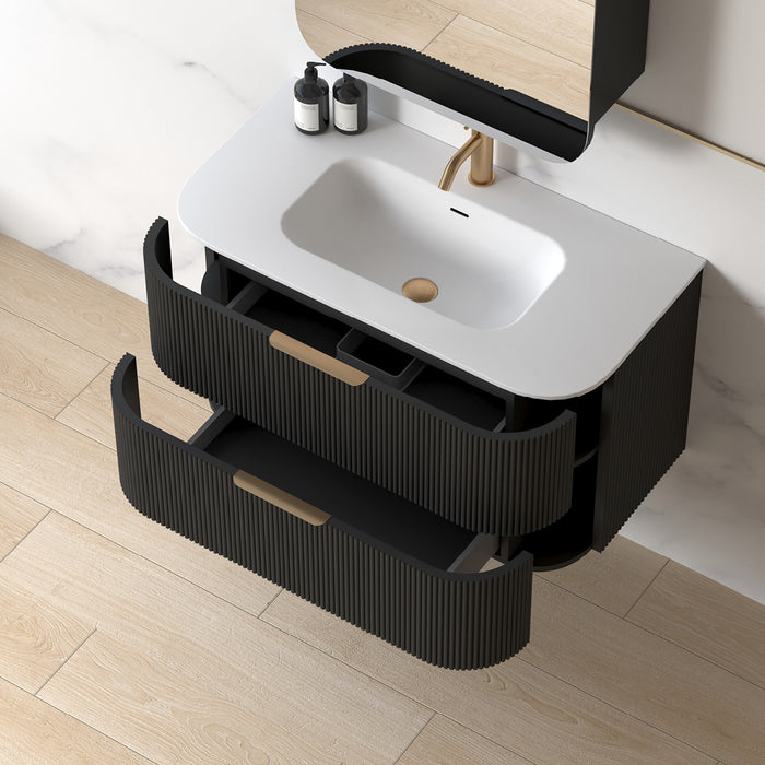 Lunara 900 Curved Matte Black Fluted Wall Hung Vanity