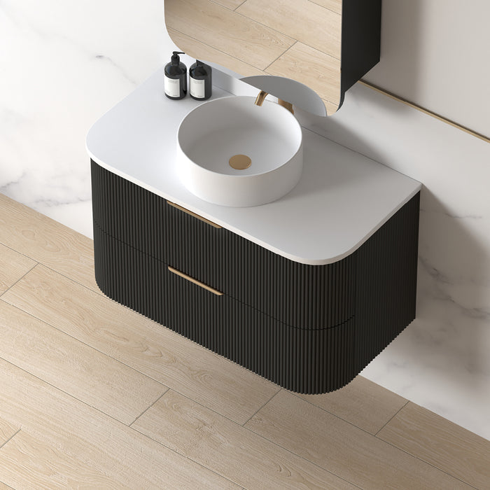 Lunara 900 Curved Matte Black Fluted Wall Hung Vanity