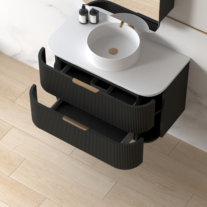Lunara 900 Curved Matte Black Fluted Wall Hung Vanity