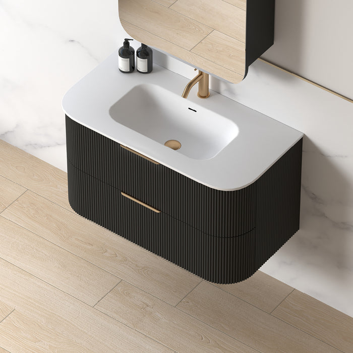 Lunara 900 Curved Matte Black Fluted Wall Hung Vanity