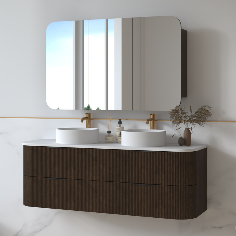 Lunara 1500 Curved Alder Walnut Fluted Wall Hung Vanity