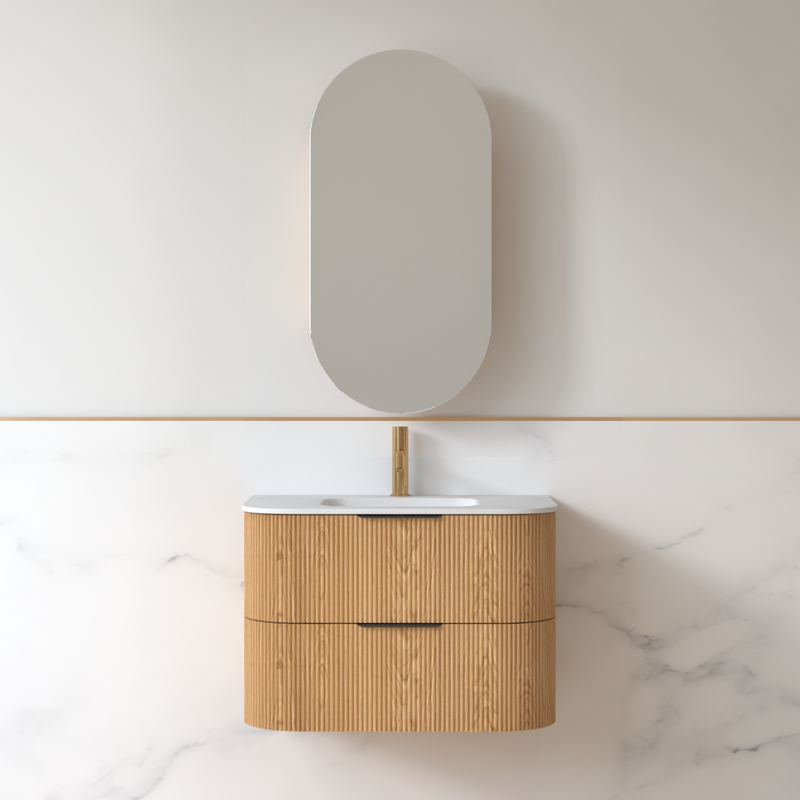 Lunara 750 Curved Light Walnut Fluted Wall Hung Vanity