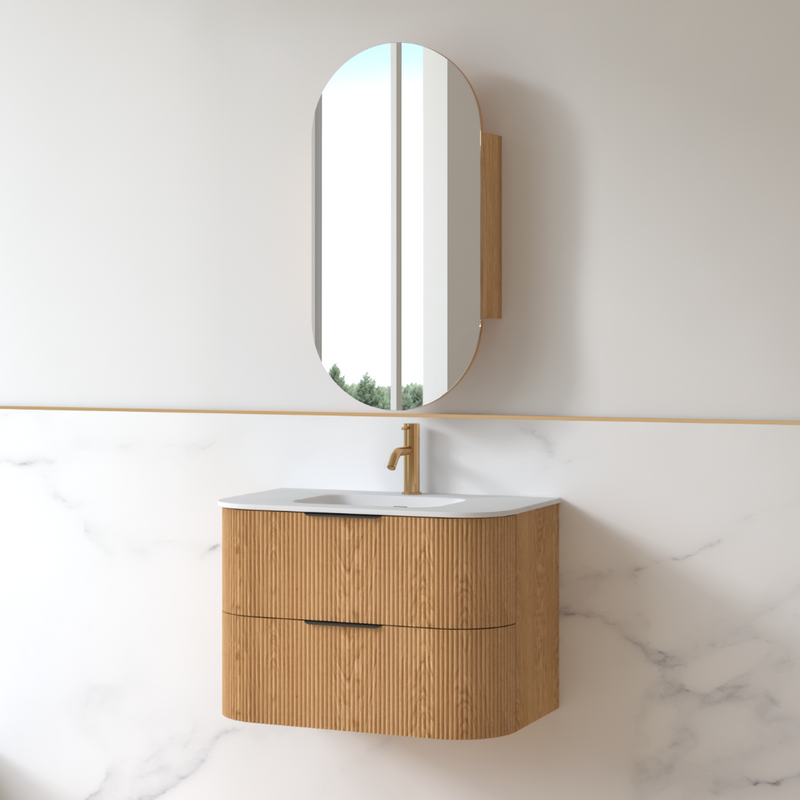 Lunara 750 Curved Light Walnut Fluted Wall Hung Vanity
