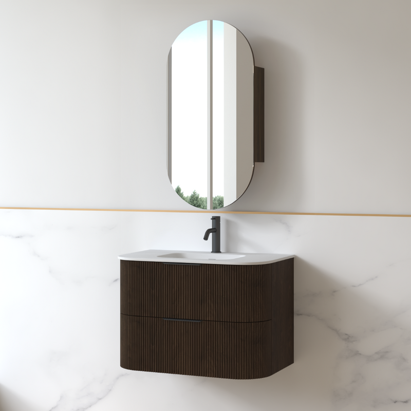 Lunara 750 Curved Alder Walnut Fluted Wall Hung Vanity