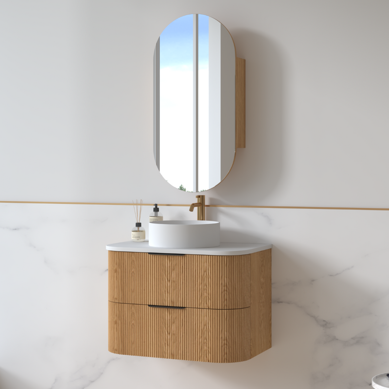 Lunara 750 Curved Light Walnut Fluted Wall Hung Vanity