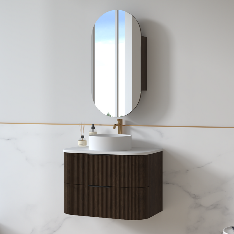 Lunara 750 Curved Alder Walnut Fluted Wall Hung Vanity