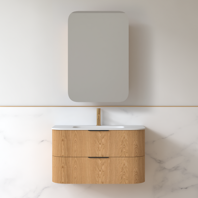 Lunara 900 Curved Light Walnut Fluted Wall Hung Vanity