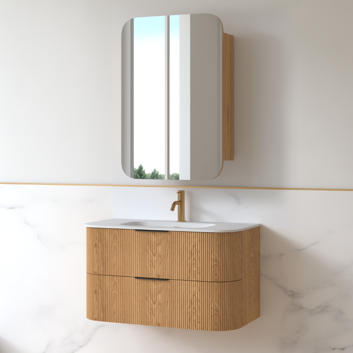 Lunara 900 Curved Light Walnut Fluted Wall Hung Vanity