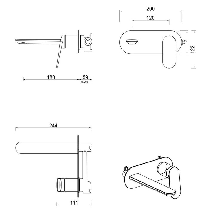 Lantra Matte Black Wall-Spout Combo - 1P - Trim Kit Only - Acqua Bathrooms