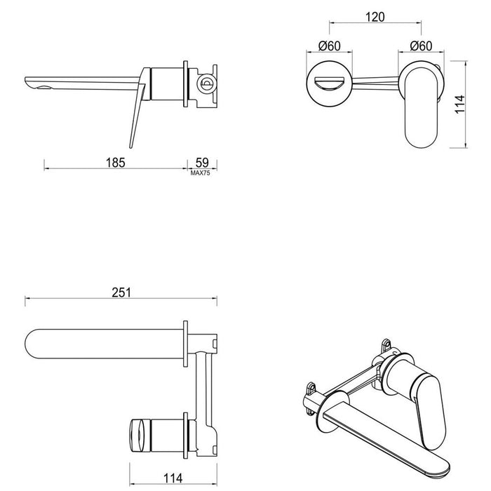 Lantra Brushed Nickel Wall-Spout Combo - 2P - Trim Kit Only - Acqua Bathrooms