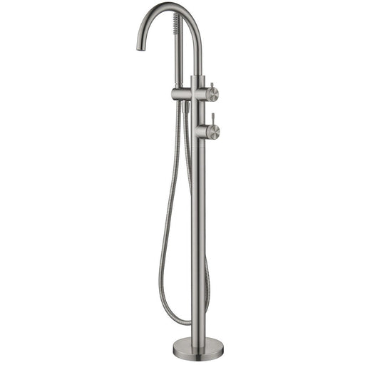 Mica Fluted Brushed Nickel Freestanding Bath Mixer with Hand Shower - Acqua Bathrooms
