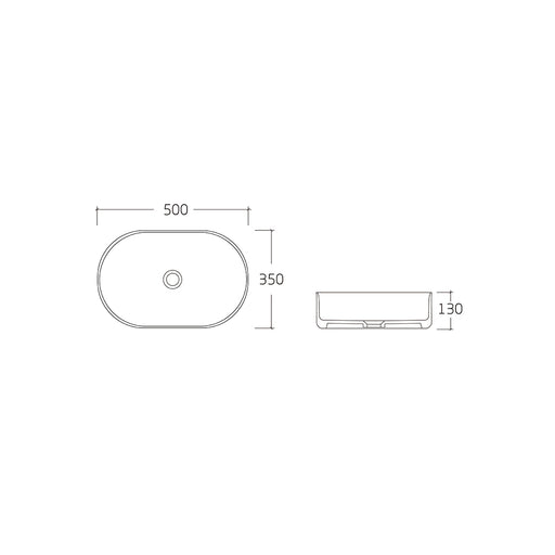 Novara 500 Matte White Oval Above Counter Basin dimensions