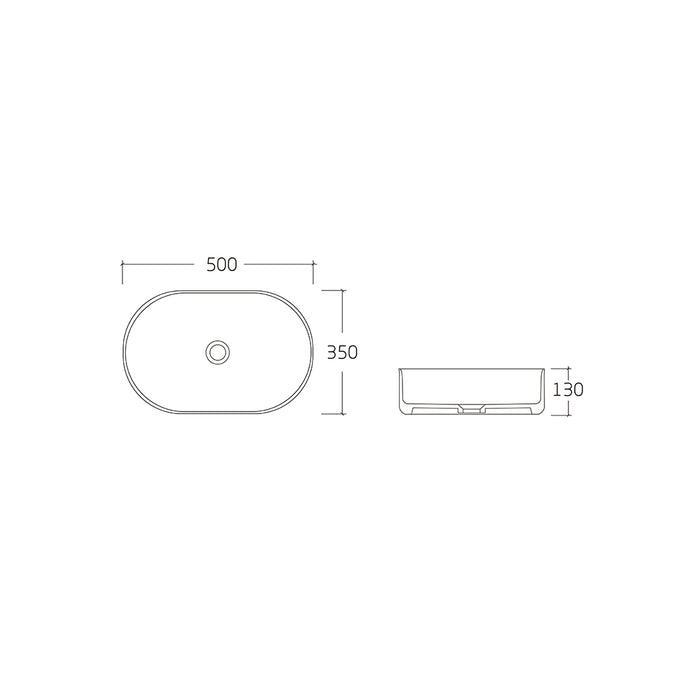 Novara 500 Matte White Oval Above Counter Basin dimensions