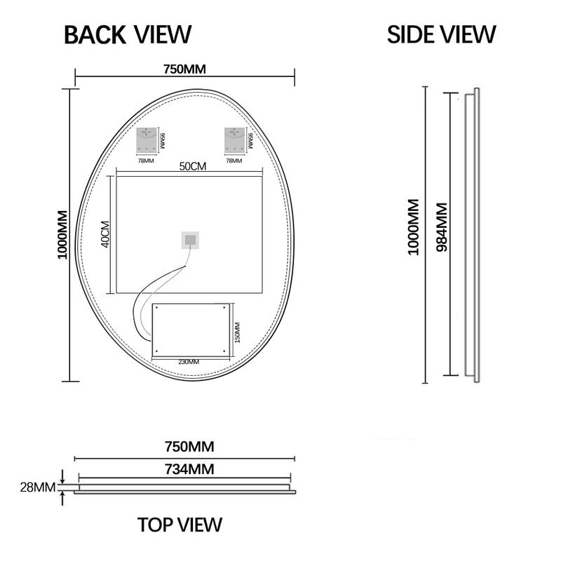 Oblonga Touchless 750 x 1000 Matte Black Asymmetrical LED Mirror - Three Light Temperatures