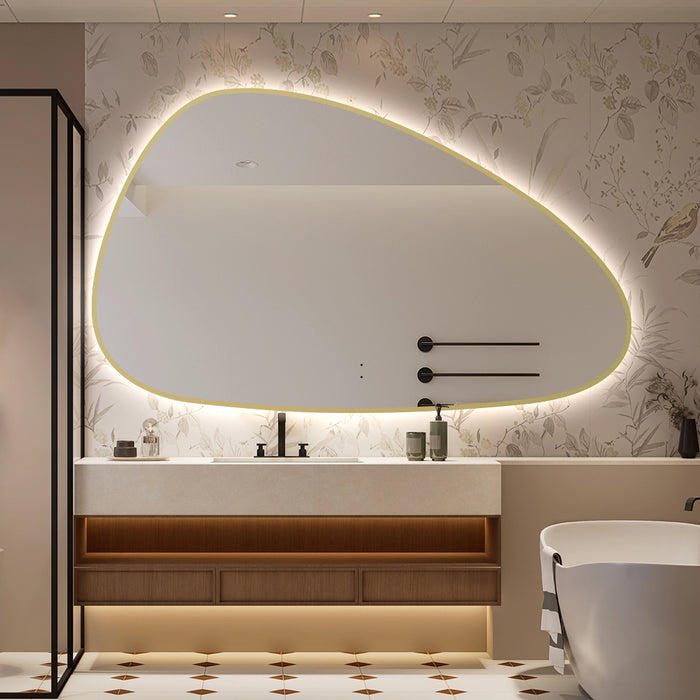 Oblonga Touchless 1500 x 800 Brushed Gold Asymmetrical LED Mirror - Three Light Temperatures