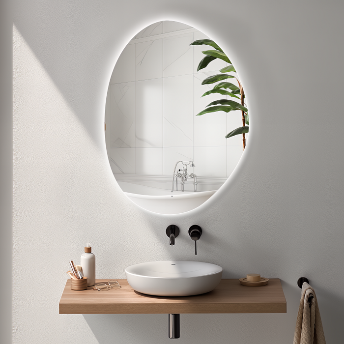 Oblonga Touchless 500 x 700 Asymmetrical LED Mirror - Three Light Temperatures - Acqua Bathrooms