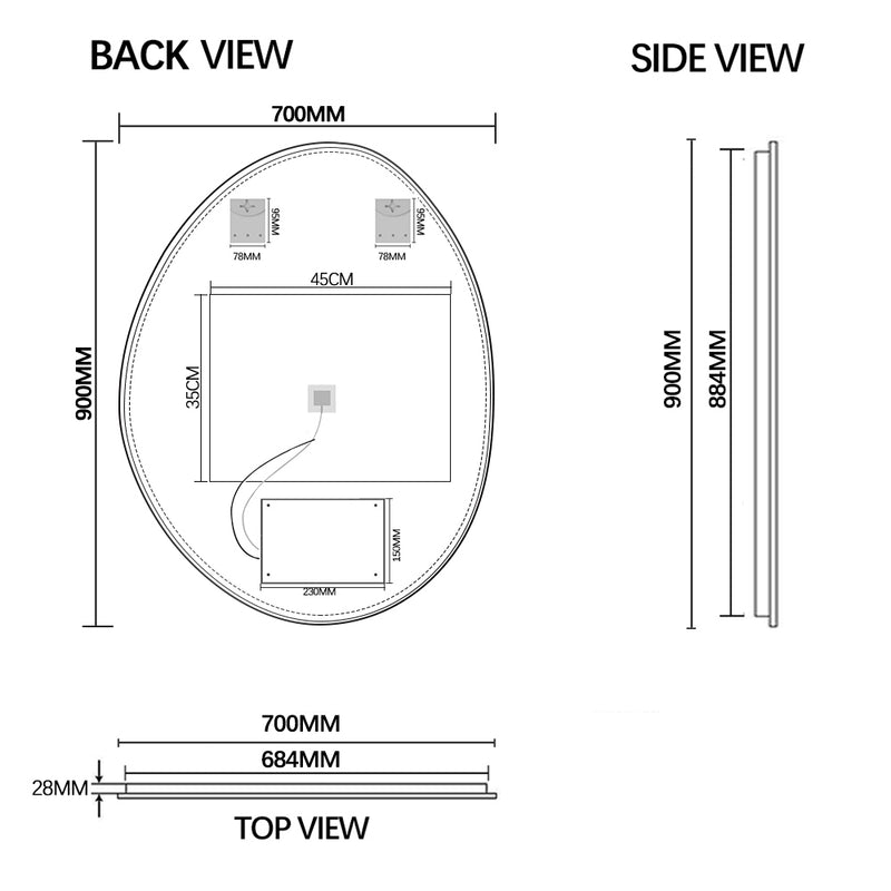 Oblonga Touchless 700 x 900 Matte Black Asymmetrical LED Mirror - Three Light Temperatures