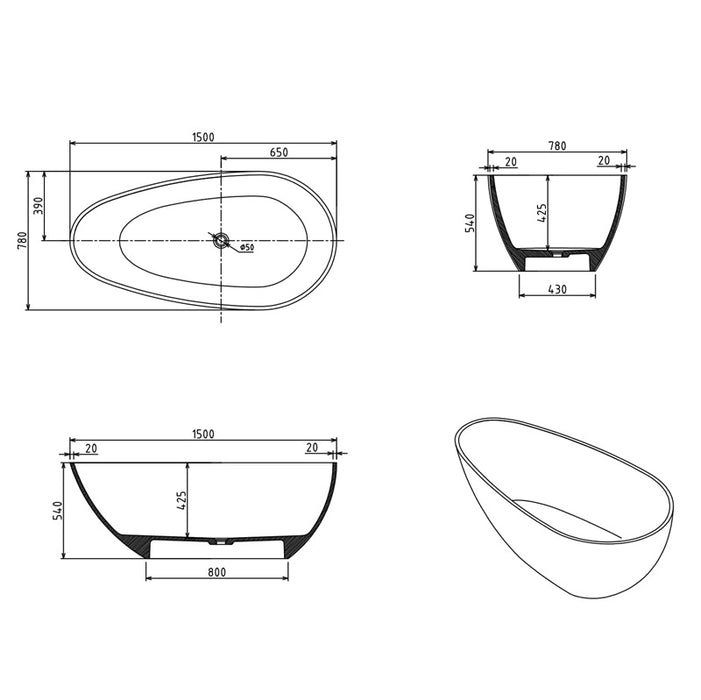 Ocean 1500mm Stone Matte White Freestanding Bath Tub - Acqua Bathrooms