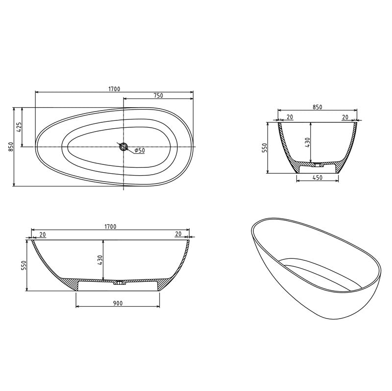 Ocean 1700mm Stone Matte White Freestanding Bath Tub - Acqua Bathrooms