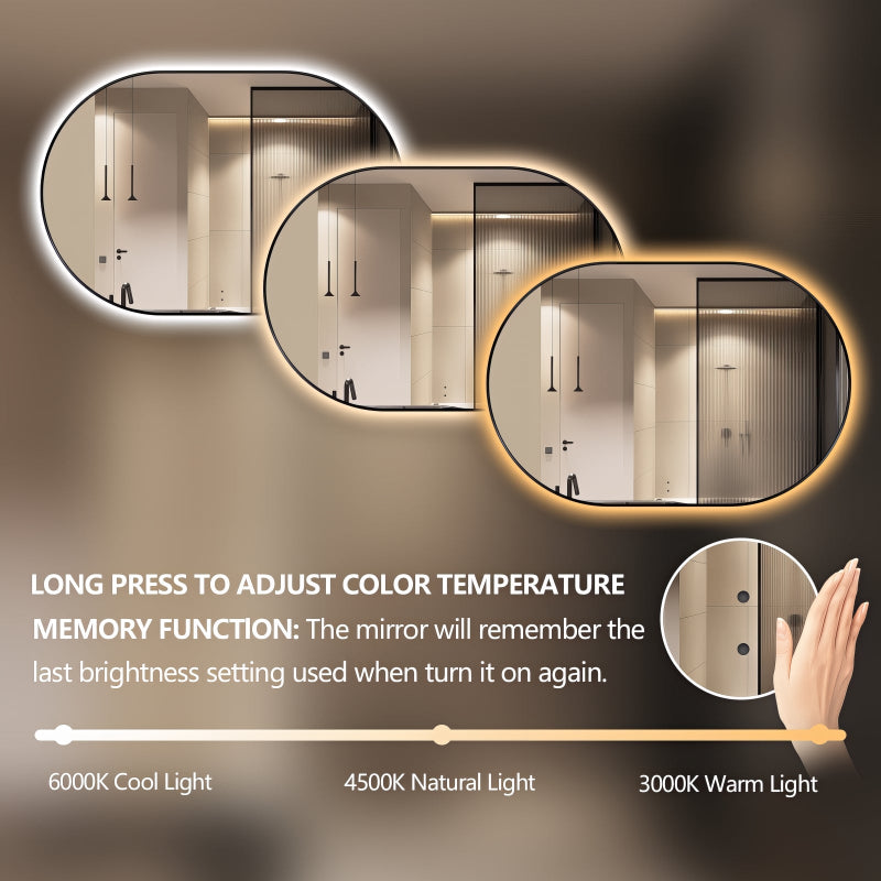 Oval Pill Touchless 900 x 600 Matte Black LED Mirror - Three Light Temperatures - Acqua Bathrooms