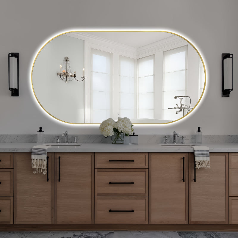 Oval Pill Touchless 1500 x 800 Brushed Gold LED Mirror - Three Light Temperatures - Acqua Bathrooms