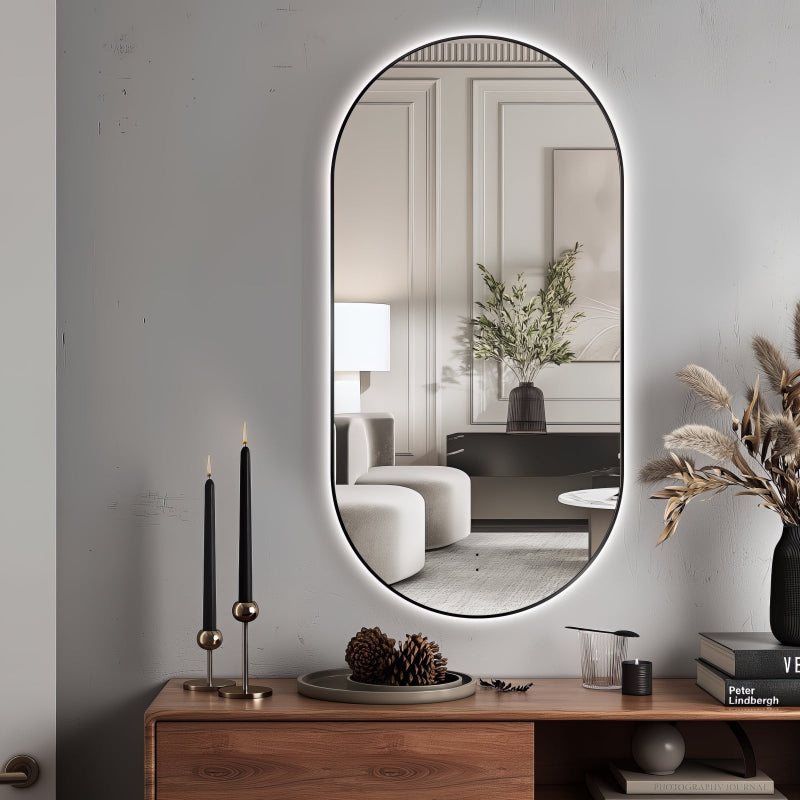 Oval Pill Touchless Back-Lit Matte Black 450 x 900 LED Mirror - Three Light Temperatures - Acqua Bathrooms