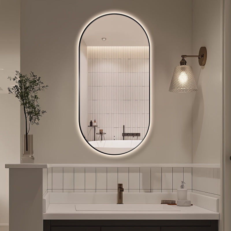 Oval Pill Touchless Back-Lit Matte Black 450 x 900 LED Mirror - Three Light Temperatures - Acqua Bathrooms
