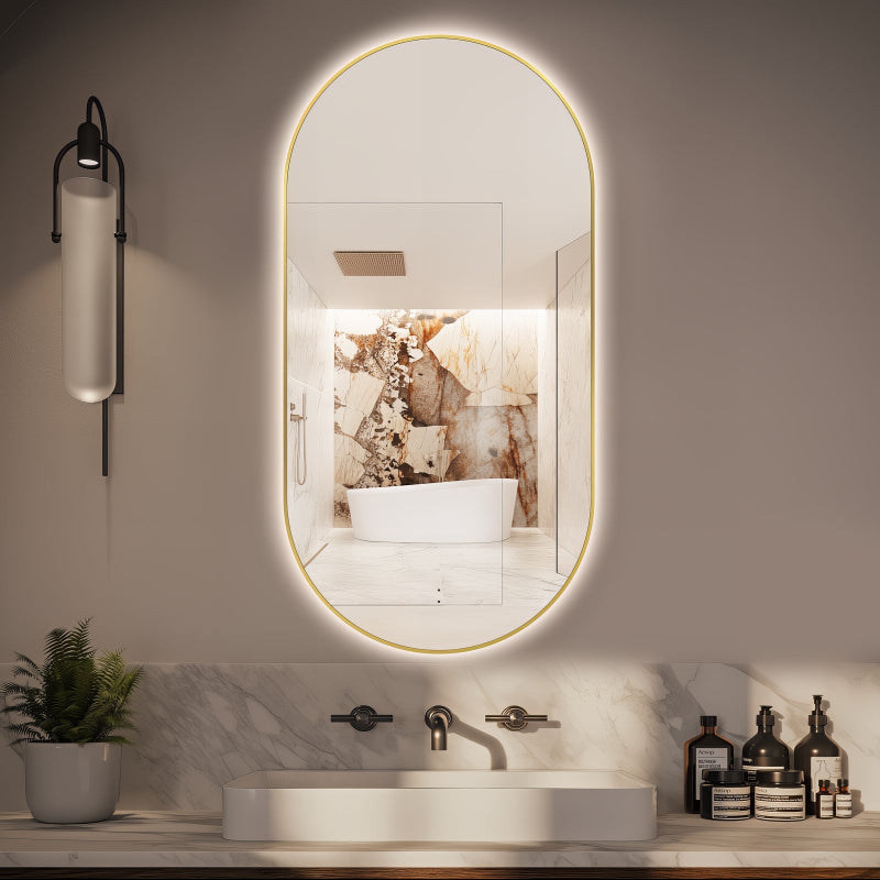 Oval Pill Touchless Back-Lit Brushed Gold 450 x 900 LED Mirror - Three Light Temperatures - Acqua Bathrooms