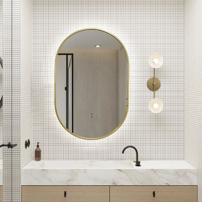 Indulge | Oval Pill Touchless Back-Lit 600 x 900 Brushed Gold LED Mirror - Three Light Temperatures - Acqua Bathrooms