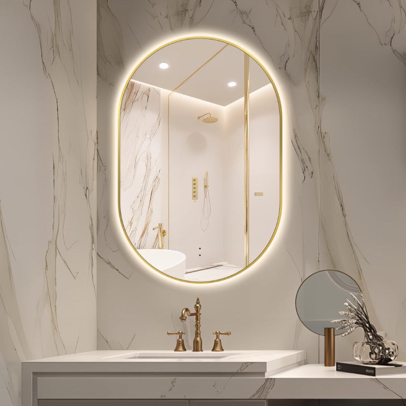Oval Pill Touchless Back-Lit 600 x 900 Brushed Gold LED Mirror - Three Light Temperatures - Acqua Bathrooms