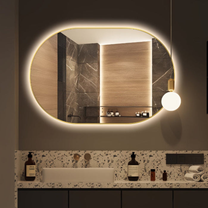 Oval Pill Touchless 900 x 600 Brushed Gold LED Mirror - Three Light Temperatures - Acqua Bathrooms