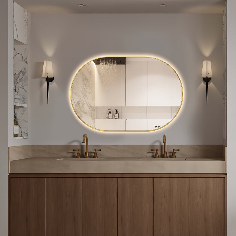 Oval Pill Touchless 900 x 600 Brushed Gold LED Mirror - Three Light Temperatures - Acqua Bathrooms