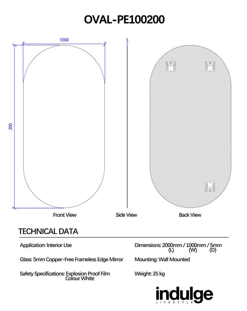Oval 1000 x 2000 Polished Edge Mirror