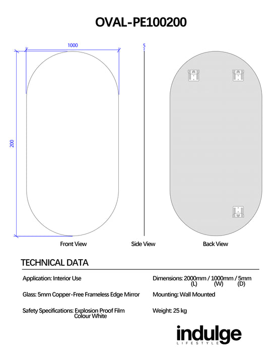 Oval 1000 x 2000 Polished Edge Mirror