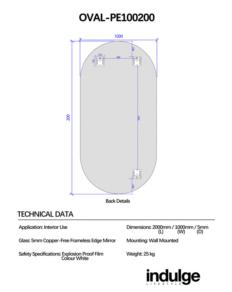Oval 1000 x 2000 Polished Edge Mirror