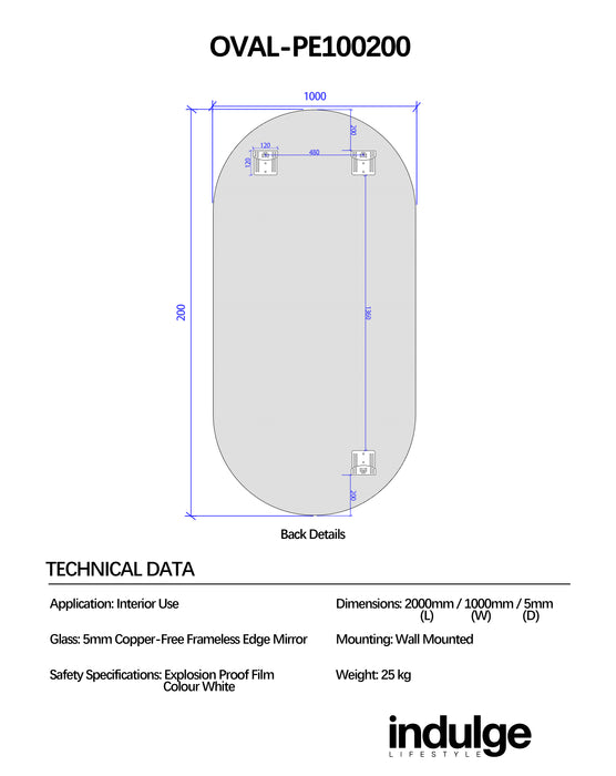 Oval 1000 x 2000 Polished Edge Mirror