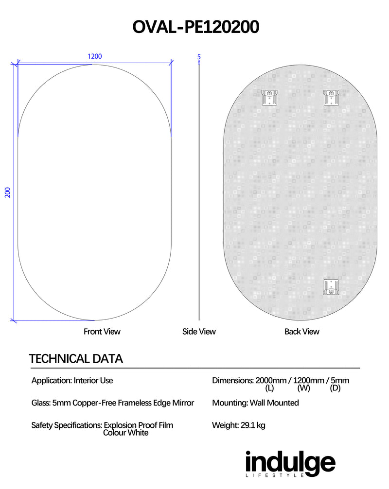 Oval 1200 x 2000 Polished Edge Mirror