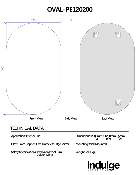 Oval 1200 x 2000 Polished Edge Mirror
