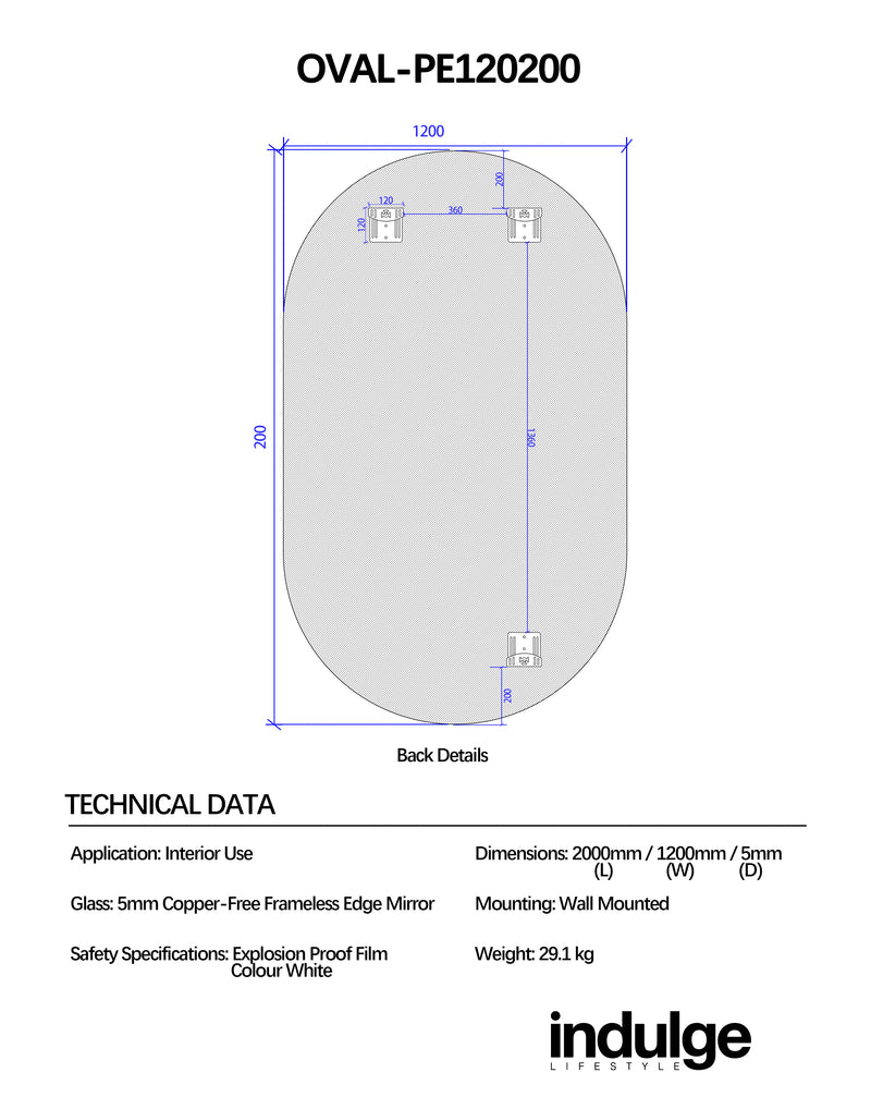 Oval 1200 x 2000 Polished Edge Mirror