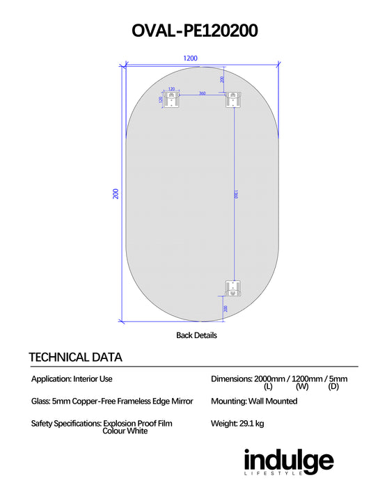 Oval 1200 x 2000 Polished Edge Mirror