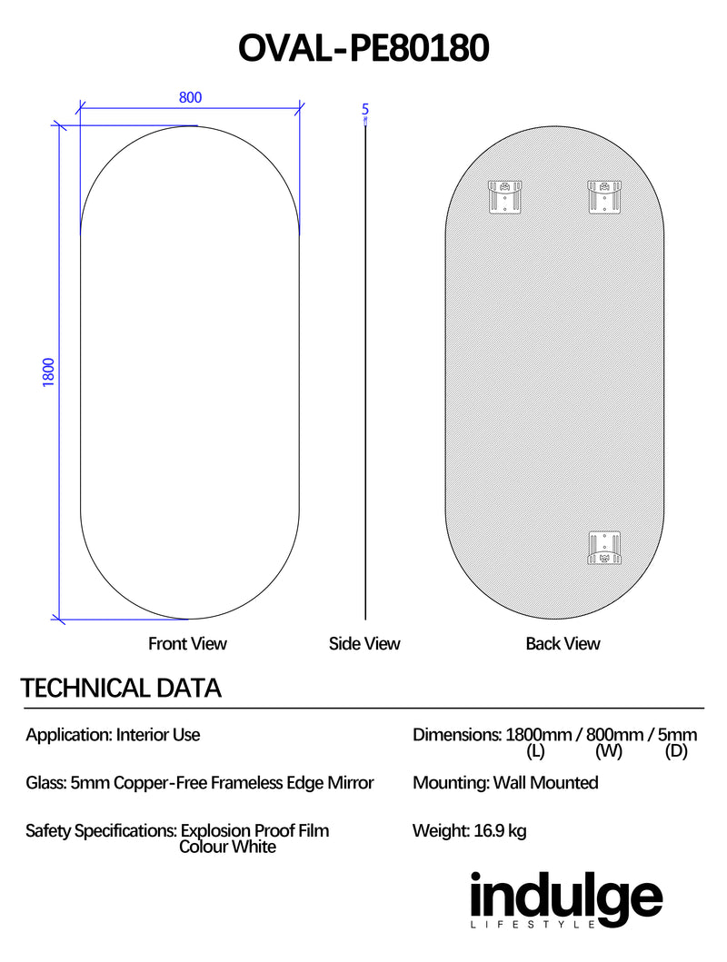 Oval 800 x 1800 Polished Edge Mirror